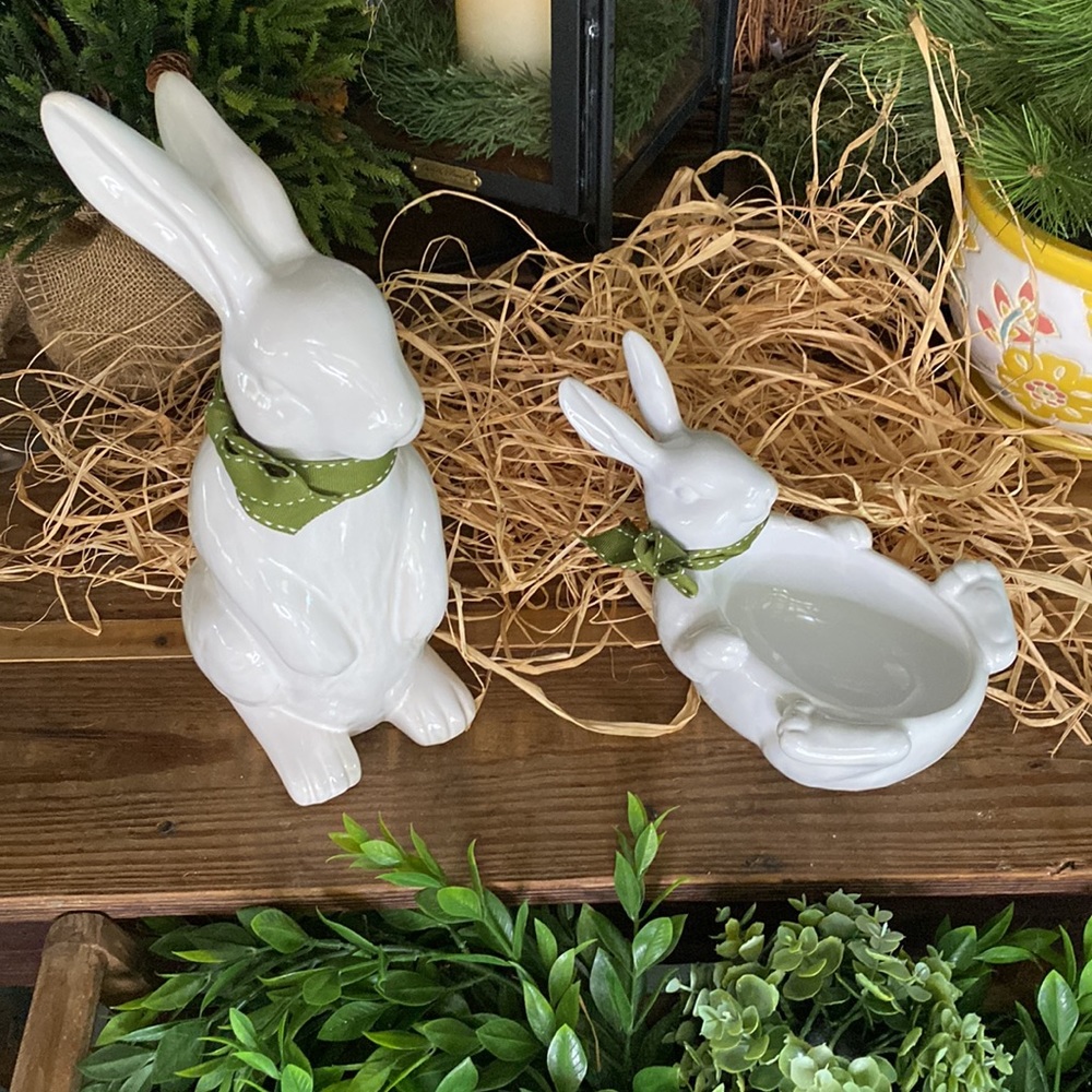 Pottery Barn Whimsical White Glazed Stoneware Bunny Figure and Bunny Bowl 🐇
